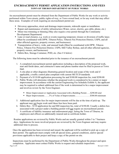 First page of the Encroachment Permit Application
