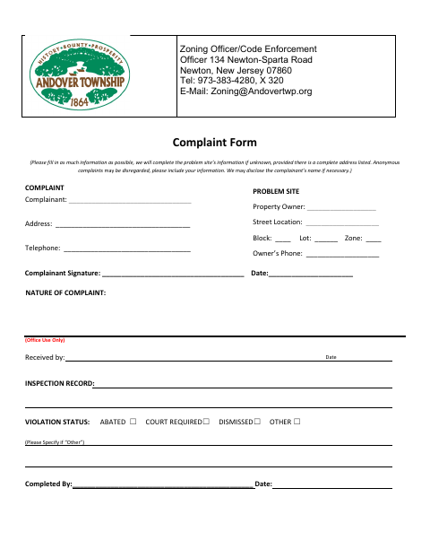 First page of the Zoning Complaint Form