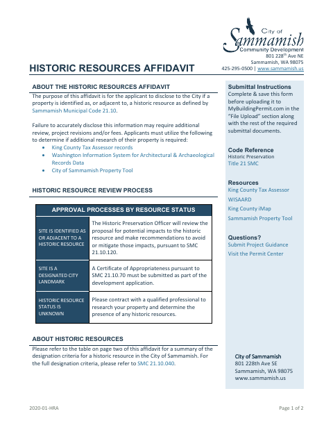 First page of the Historic Resources Affidavit
