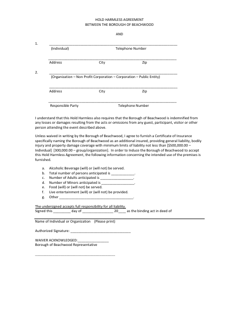 First page of the Hold Harmless Agreement