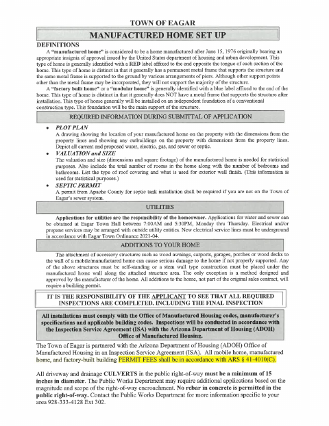 First page of the Application for Manufactured Home Placement
