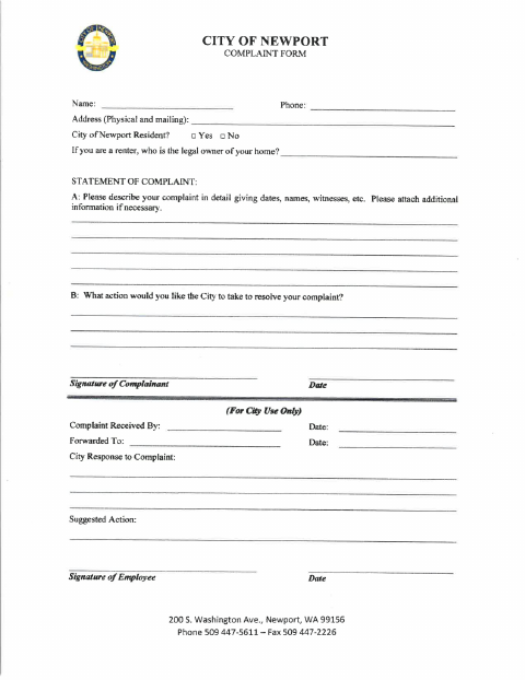 First page of the Complaint Form