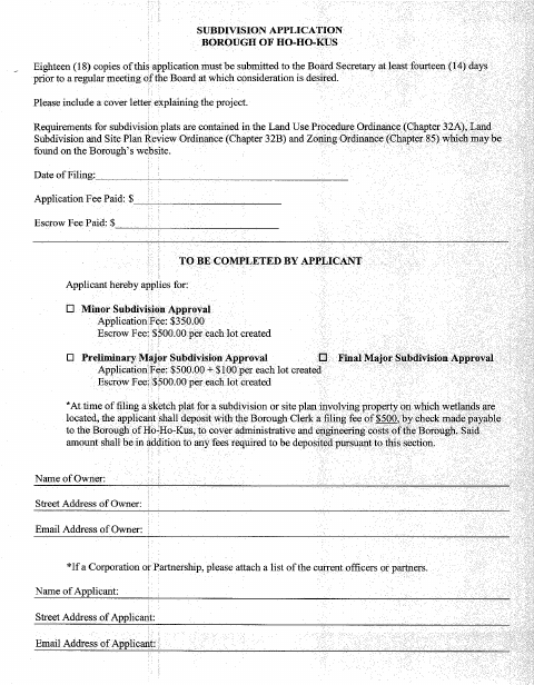 First page of the Major-Minor Subdivision Application