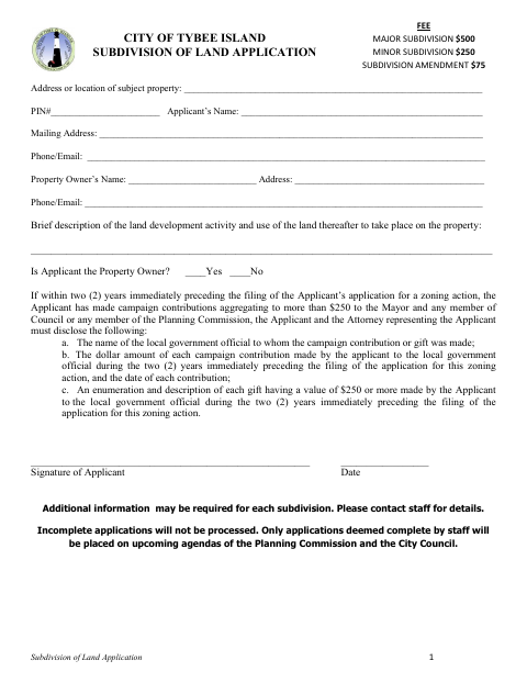 First page of the Subdivision of Land Application