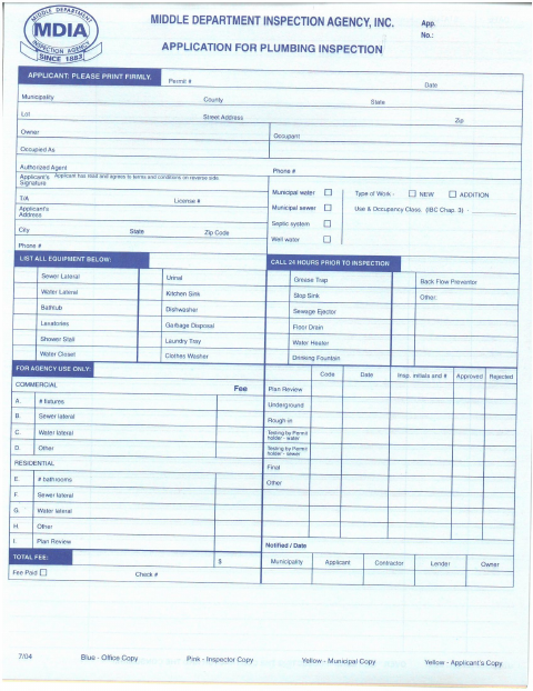 First page of the Plumbing Inspection Application