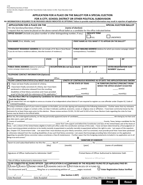 First page of the Application For A Place On The Ballot For A Special Election