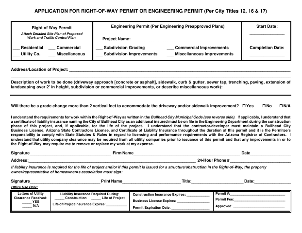 First page of the Application for Right-of-Way Permit or Engineering Permit
