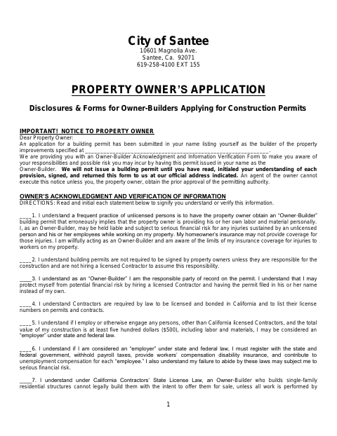 First page of the Owner-Builder Property Owner’s Application