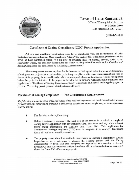First page of the Certificate of Zoning Compliance Permit Application