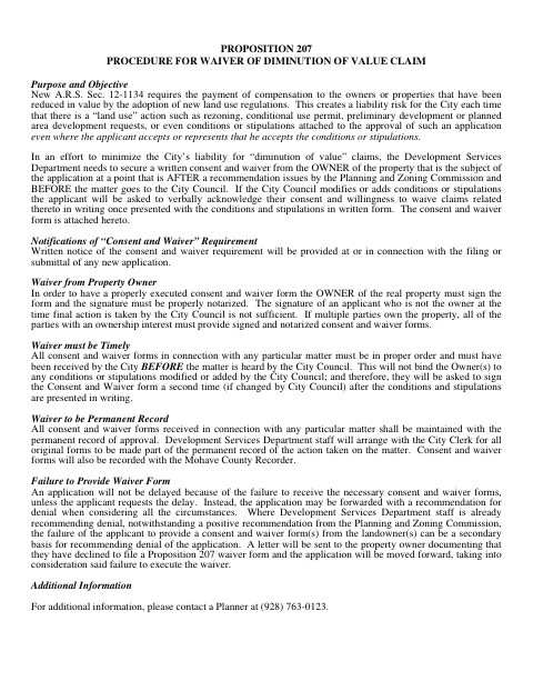 First page of the Proposition 207 Consent to Conditions and Waiver for Diminution of Value