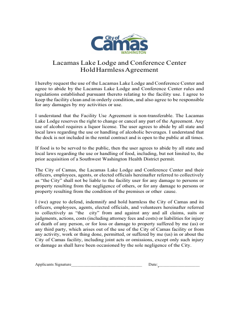 First page of the Lacamas Lake Lodge Hold Harmless Agreement
