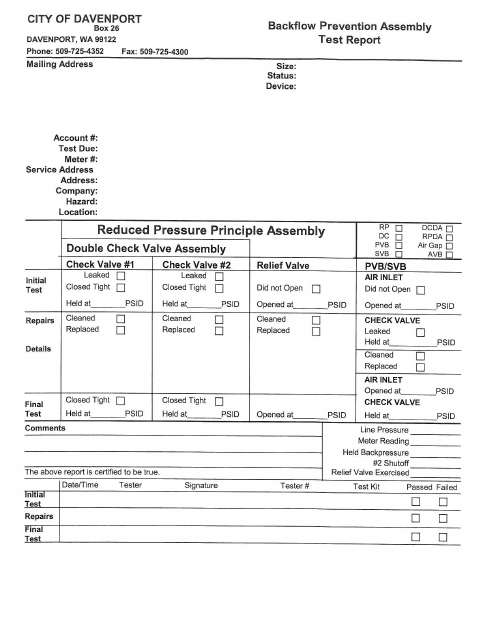First page of the Backflow Prevention Test Report
