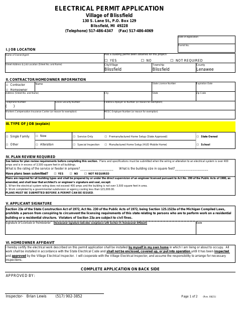 First page of the Electrical Permit Application