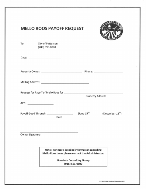 First page of the Mello Roos Payoff Request