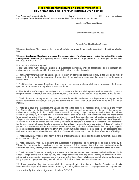 First page of the Stormwater System Maintenance Agreement