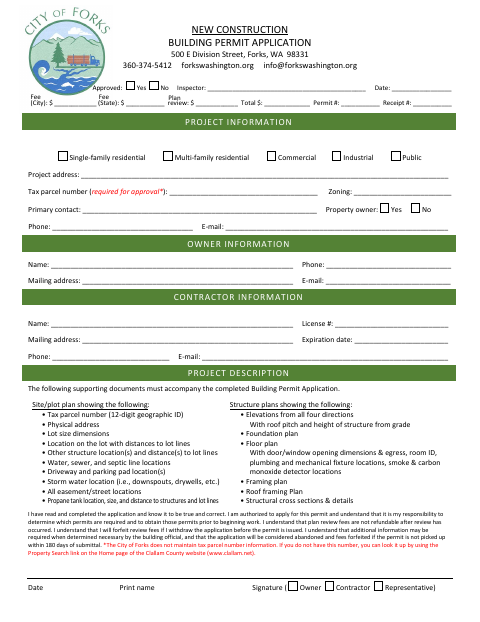 First page of the New Construction Building Permit Application