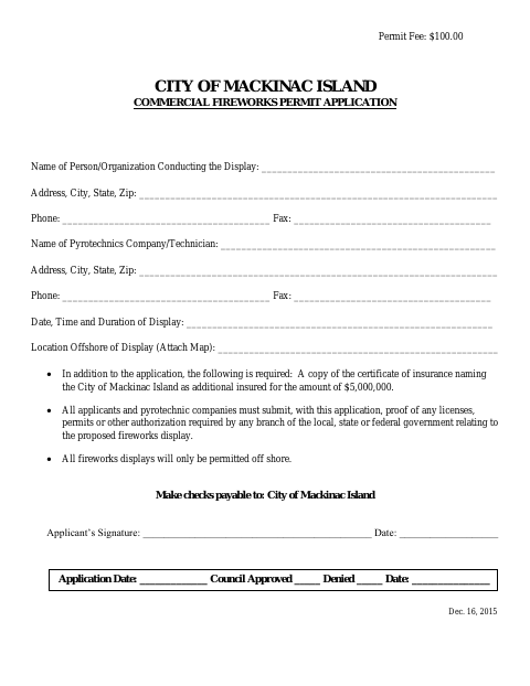 First page of the Commercial Fireworks Permit Application