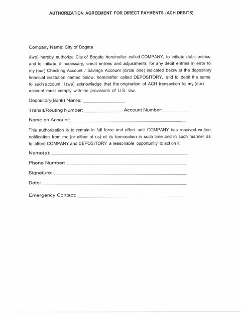 First page of the Authorization Agreement for Direct Payments (ACH Debits)