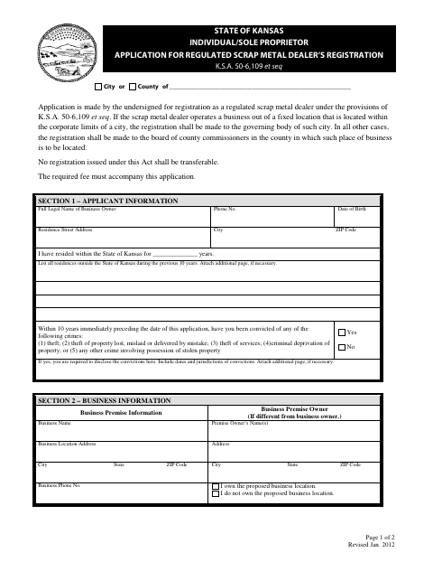 First page of the Individual/Sole Proprietor Regulated Scrap Metal Dealer’s Registration Application