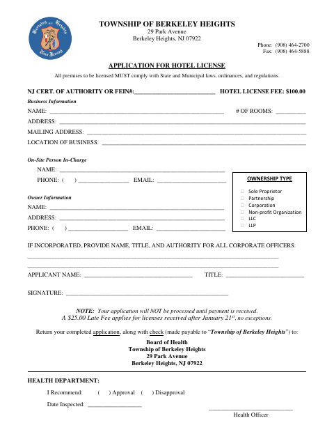 First page of the Application for Hotel License