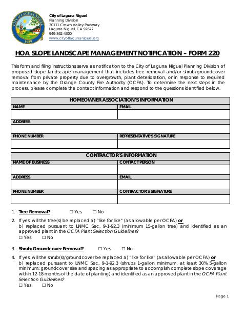 First page of the HOA Slope Landscape Management Notification – Form 220
