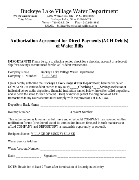 First page of the Authorization Agreement for Direct Payments (ACH Debits) of Water Bills