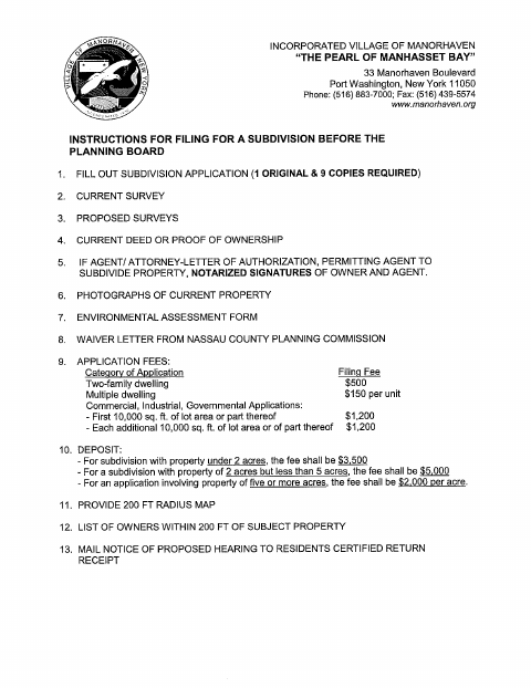 First page of the Subdivision Planning Board Application