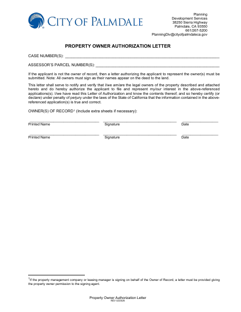 First page of the Property Owner Authorization Letter