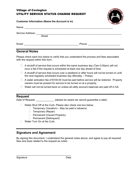 First page of the Utility Service Status Change Request