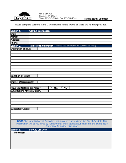 First page of the Traffic Issue Submittal