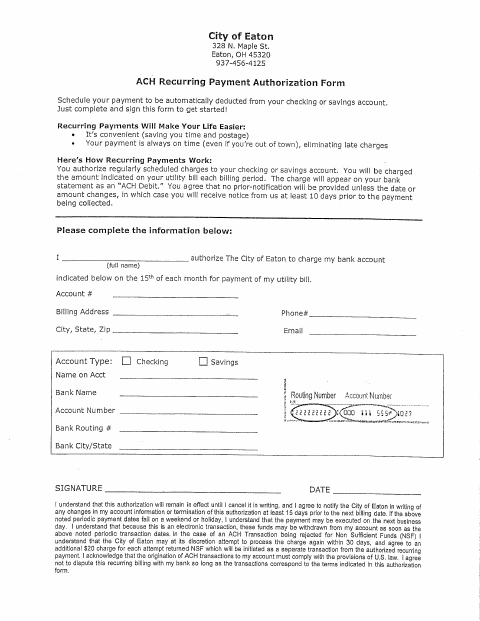 First page of the ACH Recurring Payment Authorization Form