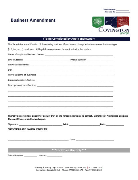 First page of the Business Amendment Form