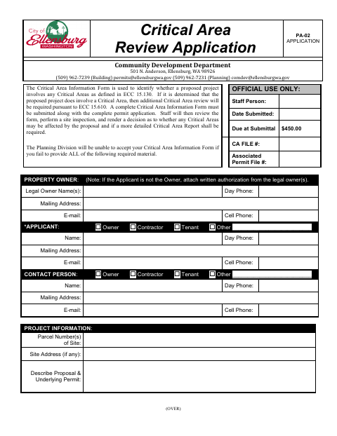 First page of the Critical Area Review Application