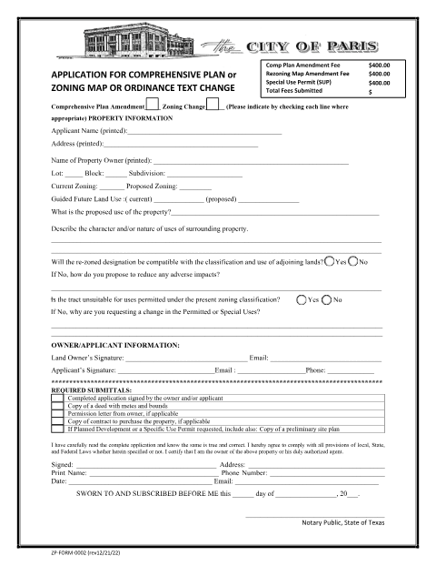 First page of the Zoning Change / Comprehensive Plan Amendment Application