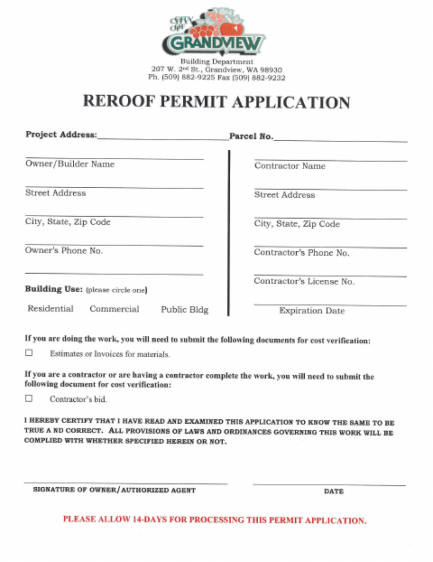 First page of the Reroof Permit Application