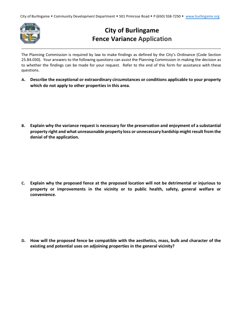 First page of the Fence Variance Application
