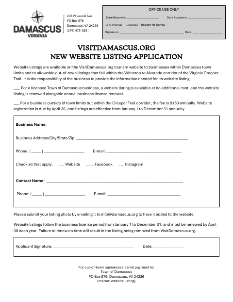 First page of the New Website Listing Application
