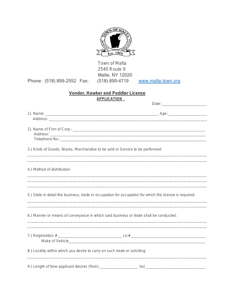 First page of the Vendor, Hawker and Peddler License Application