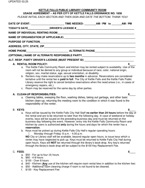 First page of the Community Room Usage Agreement