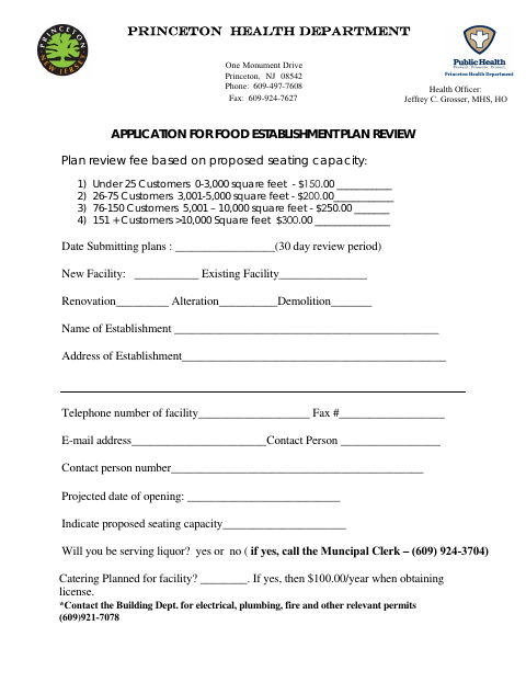 First page of the Application for Food Establishment Plan Review