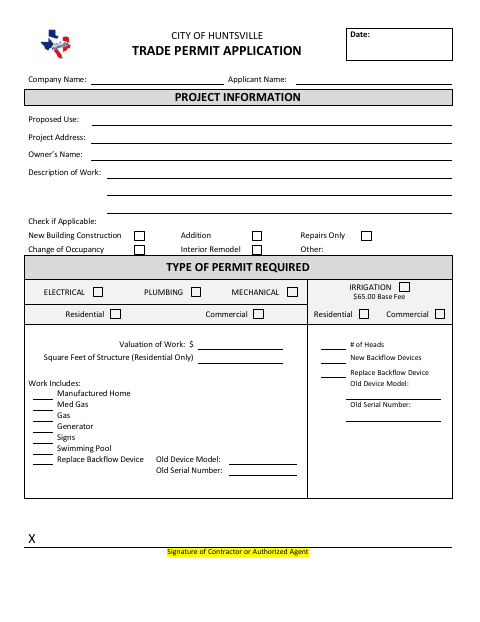 First page of the Trade Permit Application