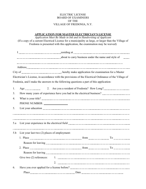 First page of the Application for Master Electrician’s License