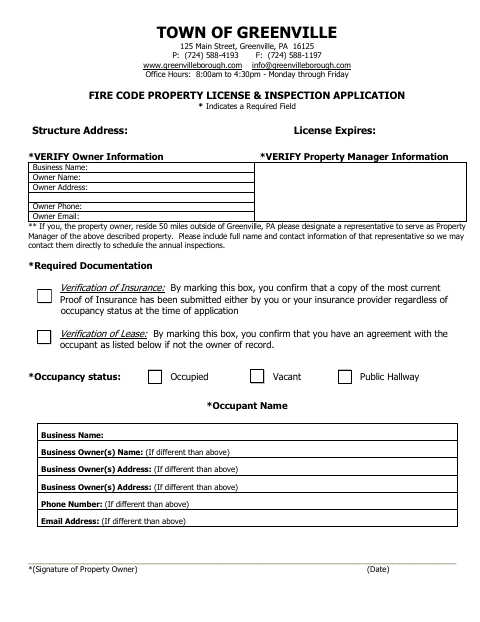 First page of the Fire Code Property License & Inspection Application