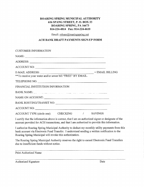 First page of the ACH Bank Draft Payments Sign-Up Form