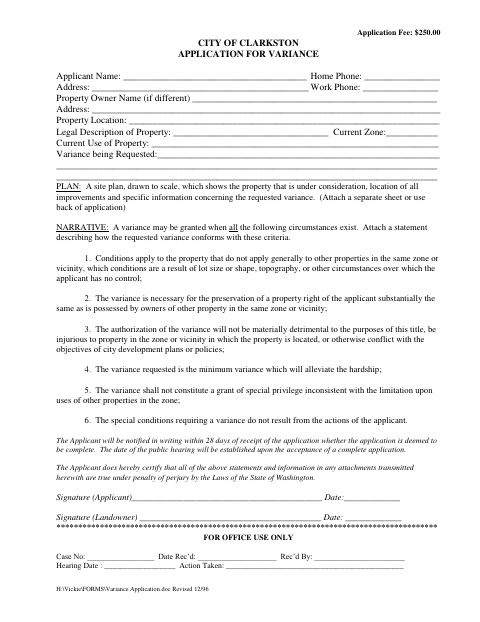First page of the Application for Variance