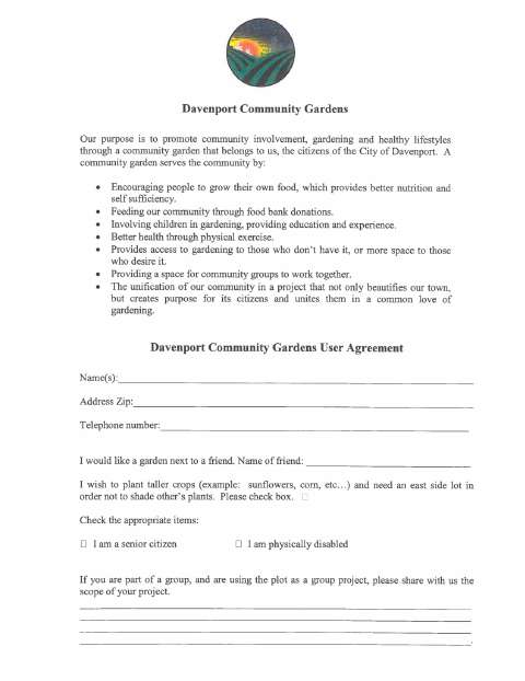 First page of the Community Garden User Agreement