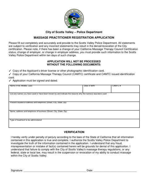 First page of the Massage Practitioner Registration Application