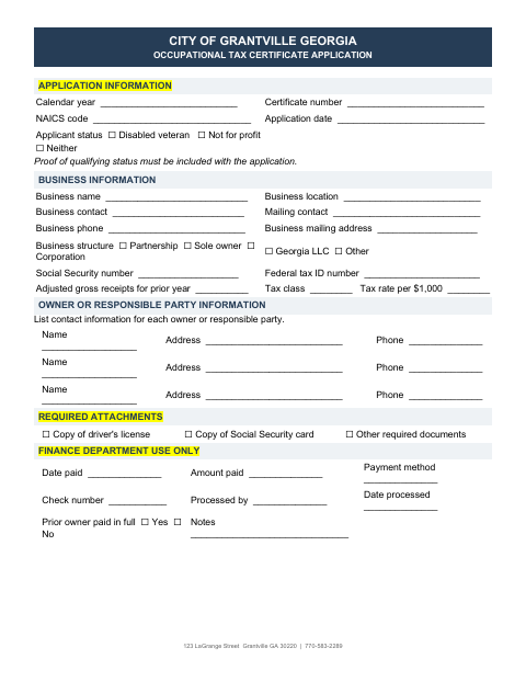 First page of the Occupational Tax Certificate Application