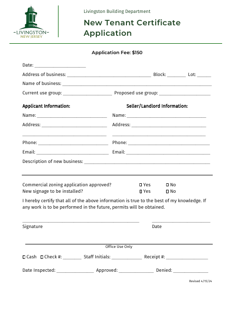 First page of the New Tenant Certificate Application