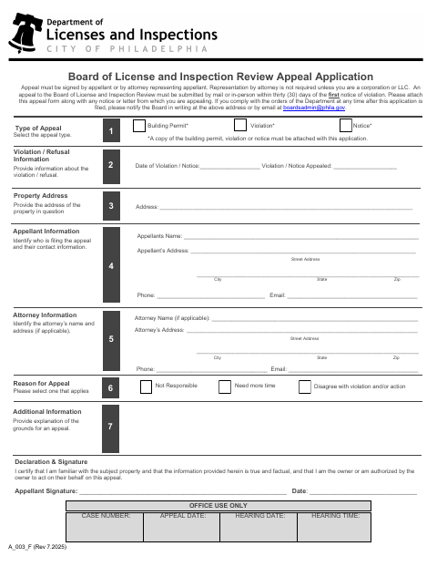 First page of the Board of License and Inspection Review Appeal Application